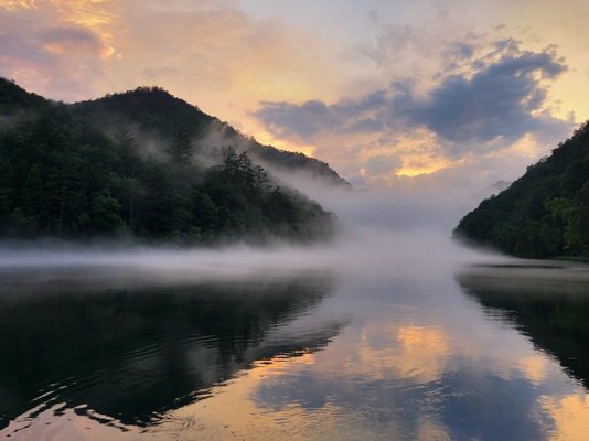 fog-laden lake in the mountains of Western North Carolina