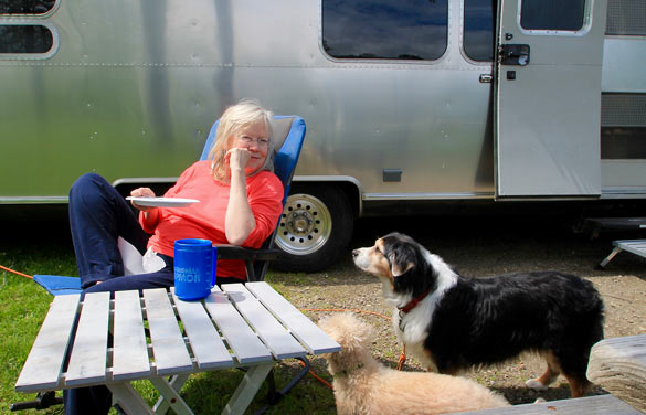 a woman sits at a camp table outside of her Airstream, two dogs looking longingly at her