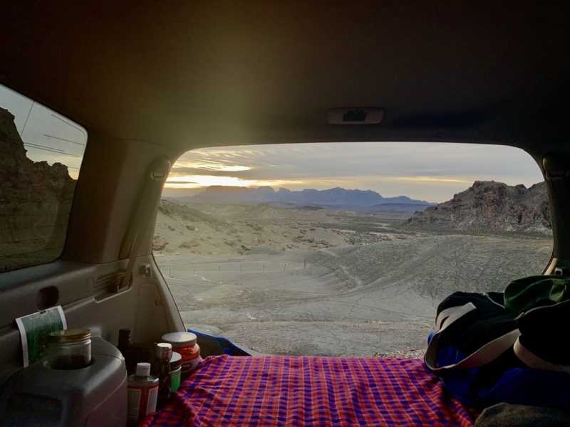 view from camping inside a car