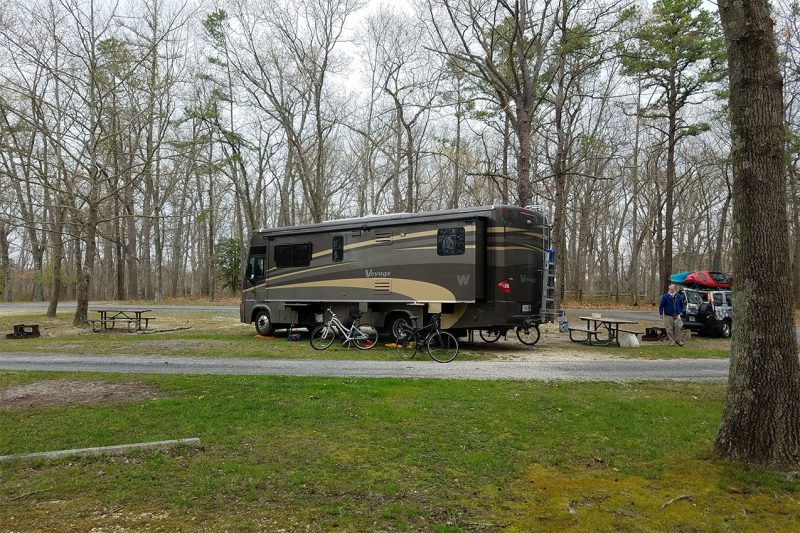 A motorhome camping in a state park in New Jersey
