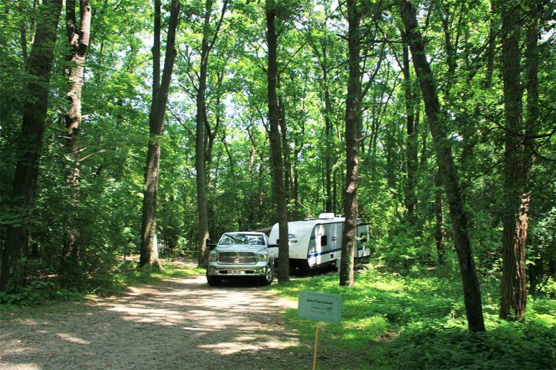A travel trailer in a New York State Park campground