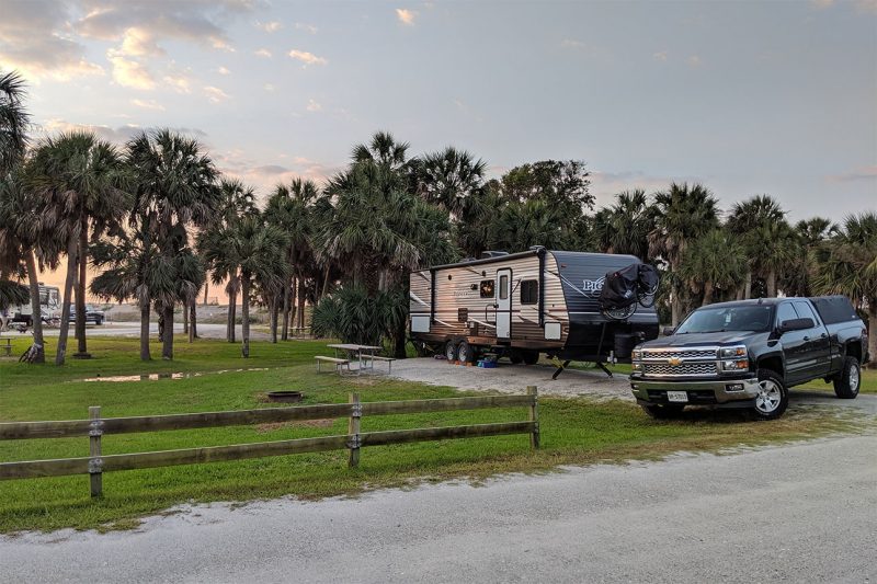 RV camping by palms in South Carolina State Park