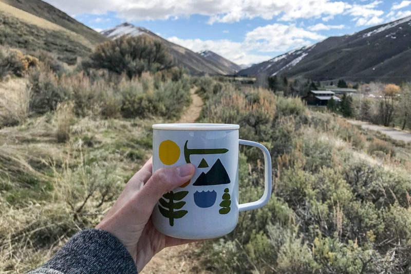 A hand holding a coffee cup with mountain view in the bacground