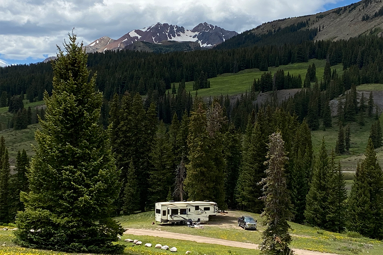 RV parked in forest with mountains in background