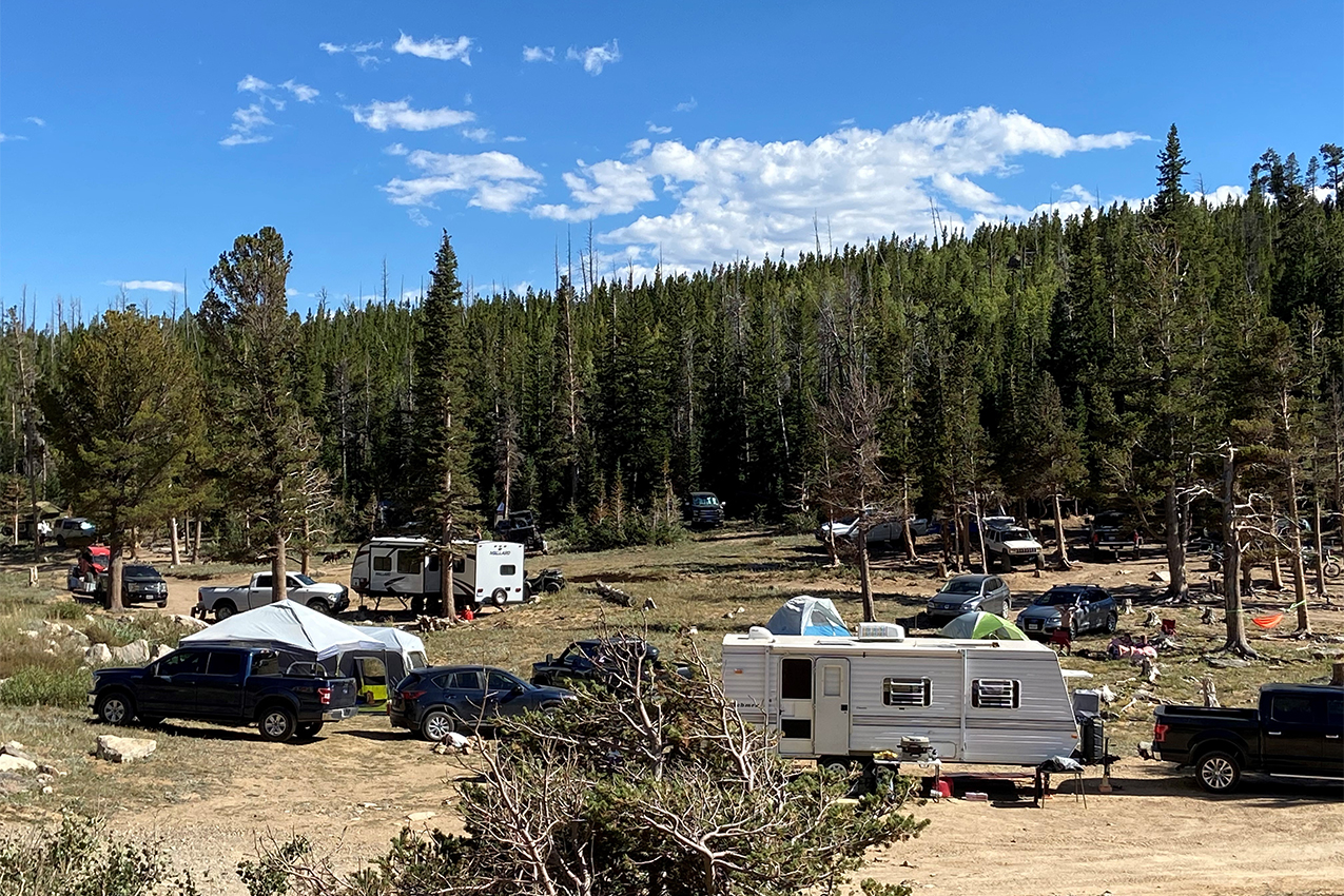Dispersed camping area crowded with RVs.