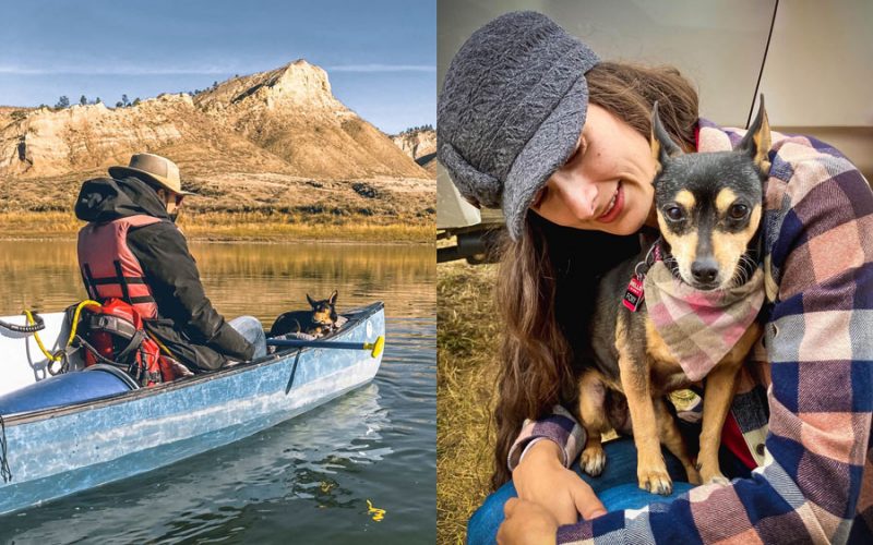 Left, a dog and her mom canoe across a lake. Right, mom and dog huggging.