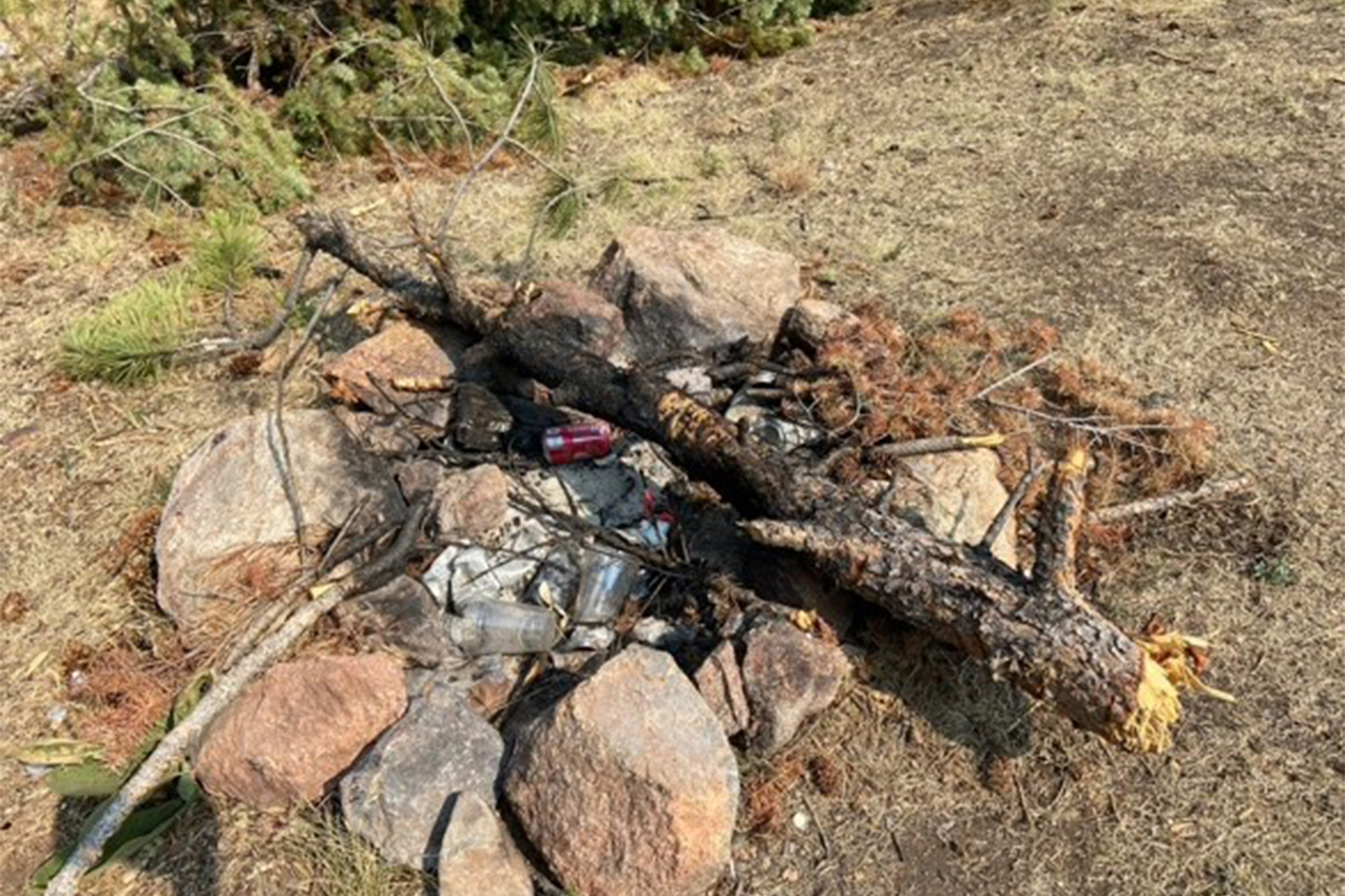 Camp fire ring with trash and a large branch in it.
