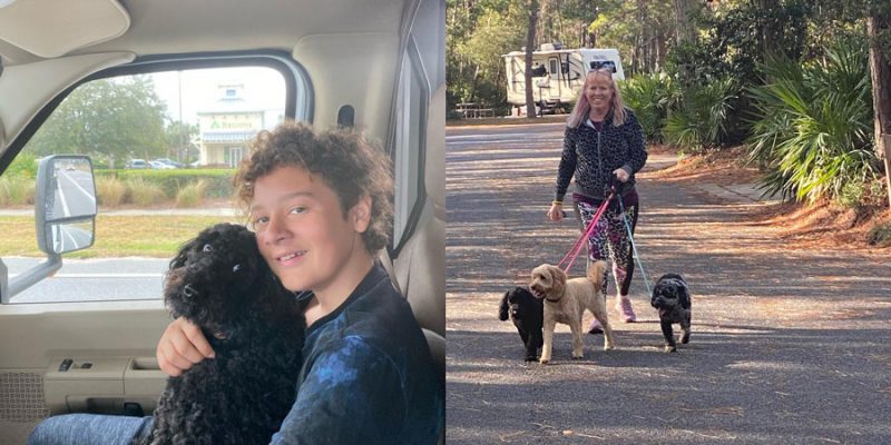 Left, a young boy hugs a dog in the front seat of an RV. Right, mom walks three dogs in a dog park in South Carolina.