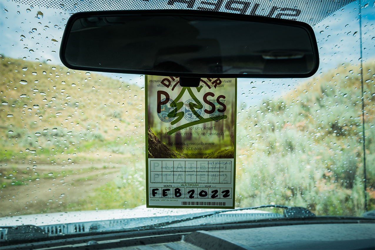 Discover pass hanging from rearview mirror.