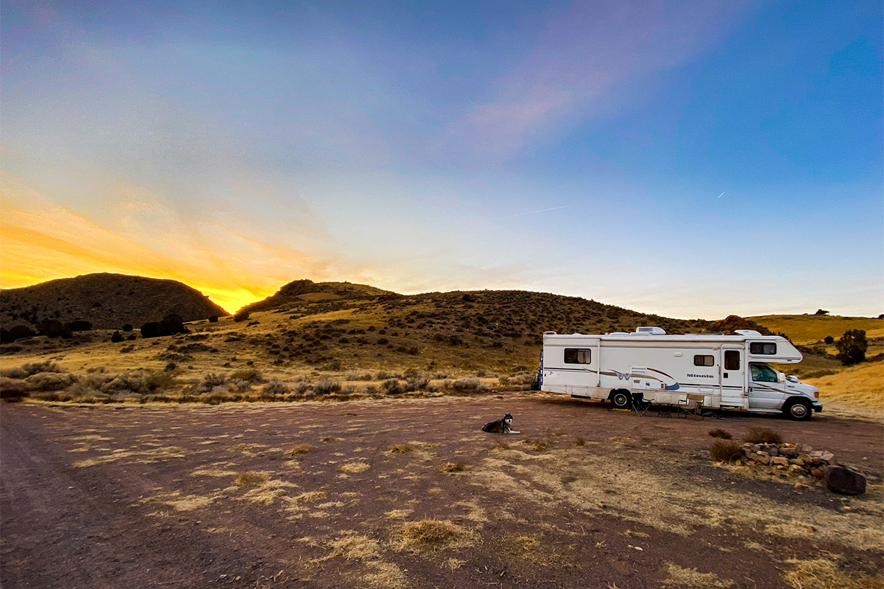RV and dog hanging out in the desert during a sunset.