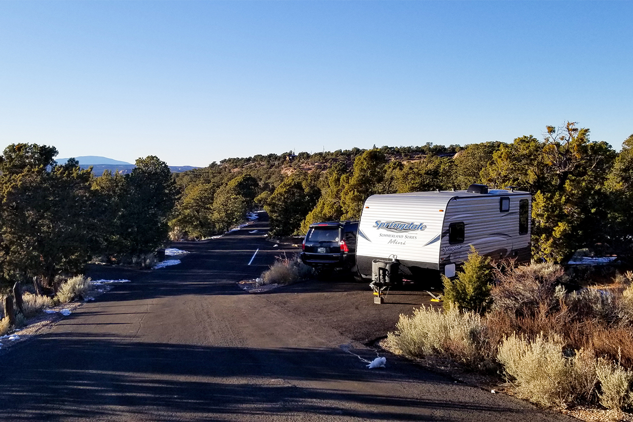 RV parked next to a road.
