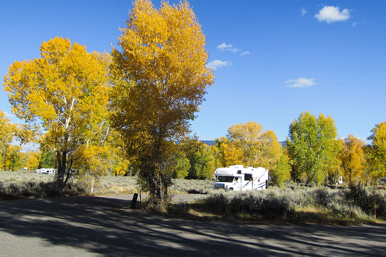 RV surrounded by yellow fall colors.