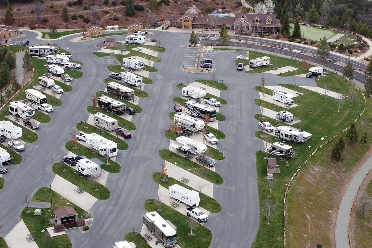 Aerial view of a busy RV park.