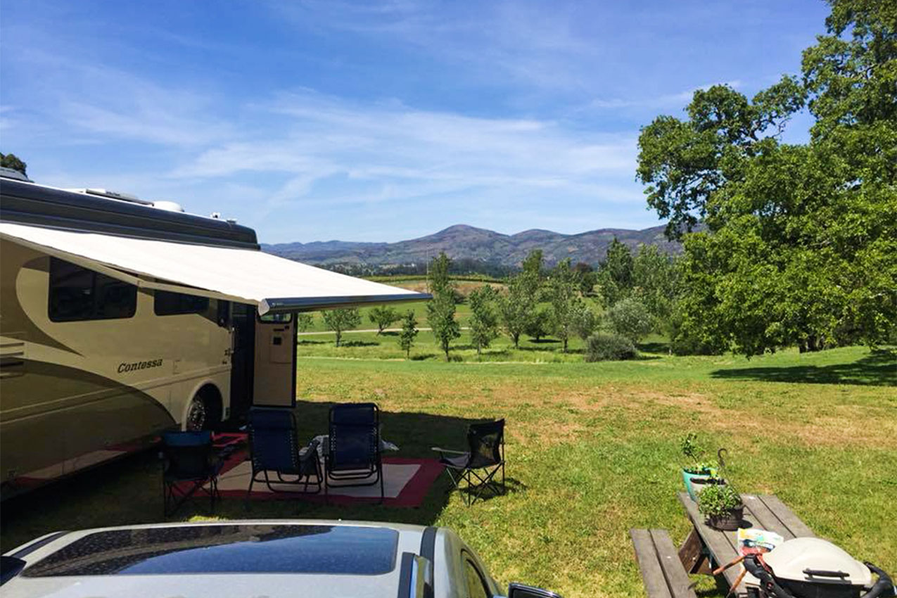 RV with awning out overlooking green field and mountans.