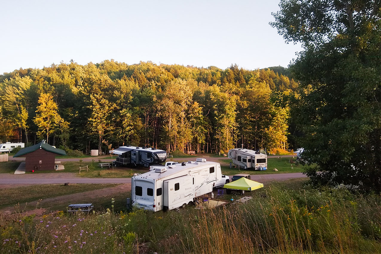 Several RVs parked in an RV campground surrounded by trees.