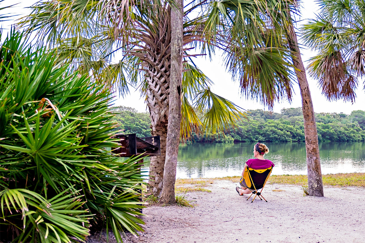 Women sitting in front of a river surrounded by palm trees.