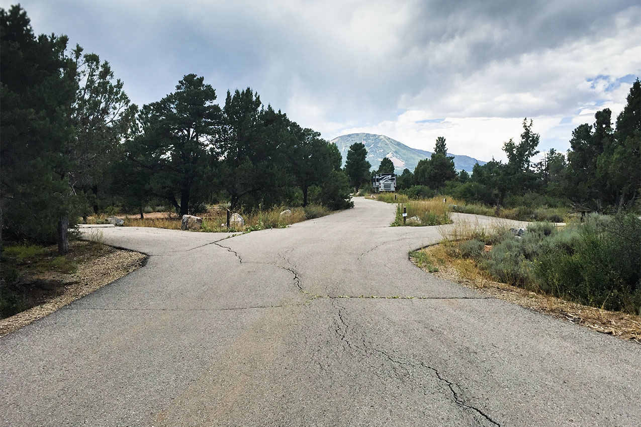 Cracked asphalt road in a Utah campground.