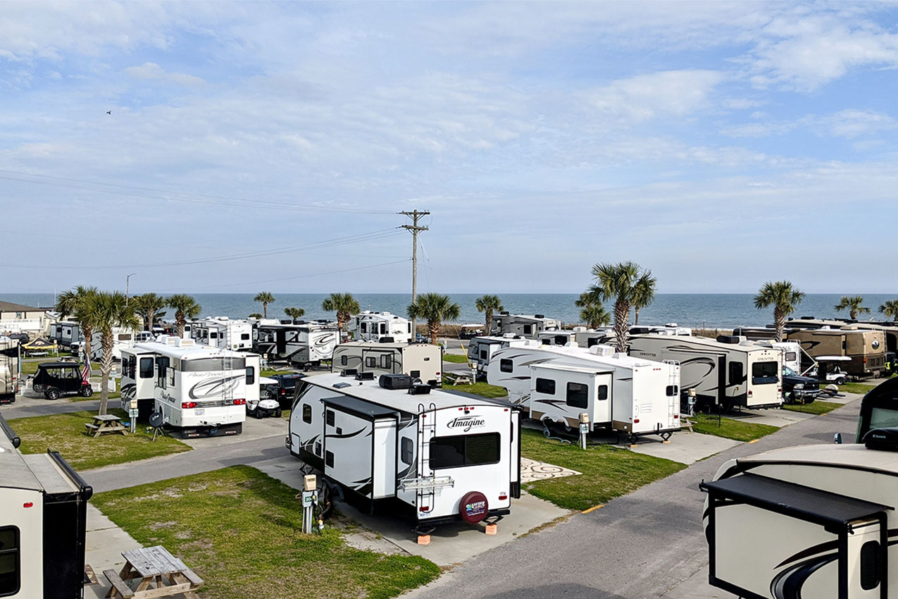 Aerial photo of RVs parked at an oceanfront RV park.