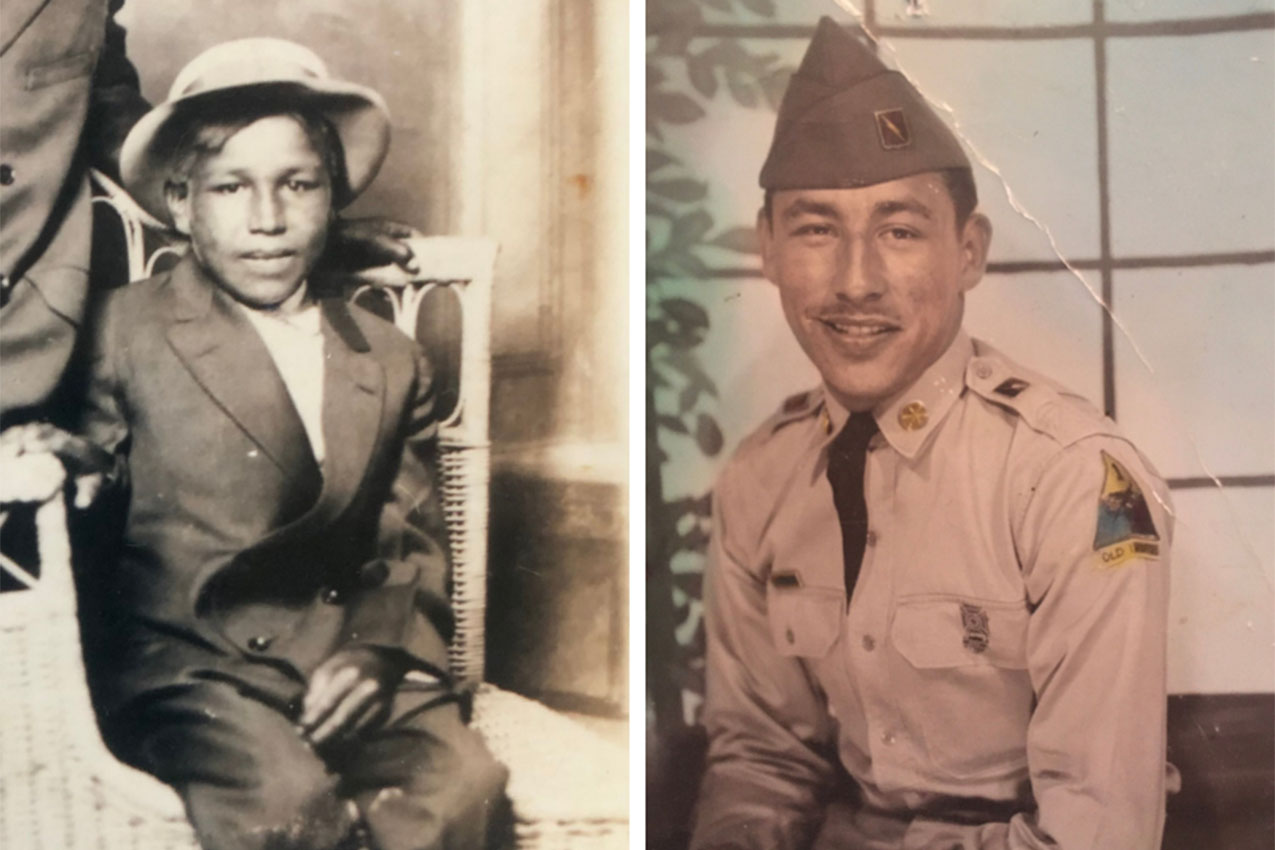Black and white photo of young kid and a photo of a young man dressed in army uniform.