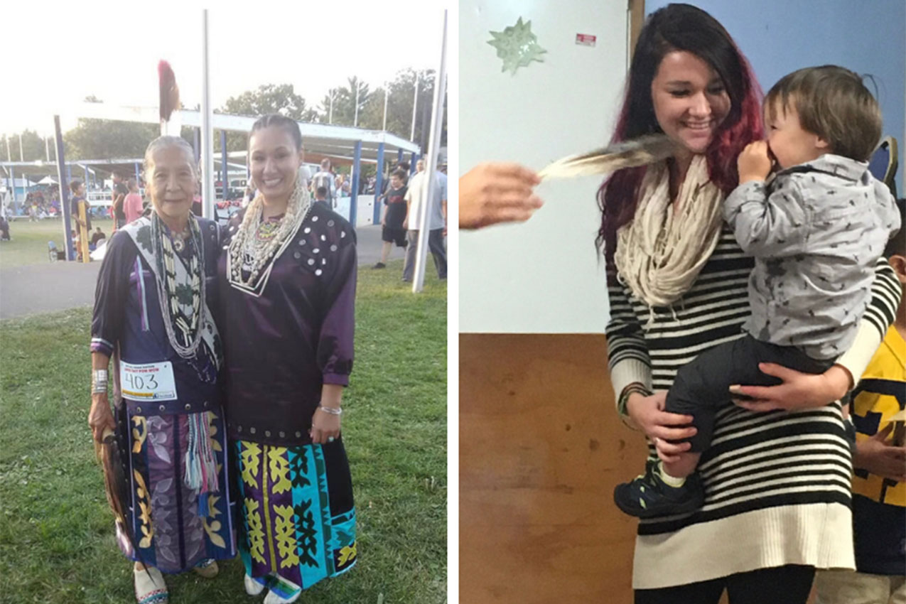 Two women in traditional dress, Hoocak (Ho-Chunk) appliqué. Photo on the right is of a woman holding a child in her arms.