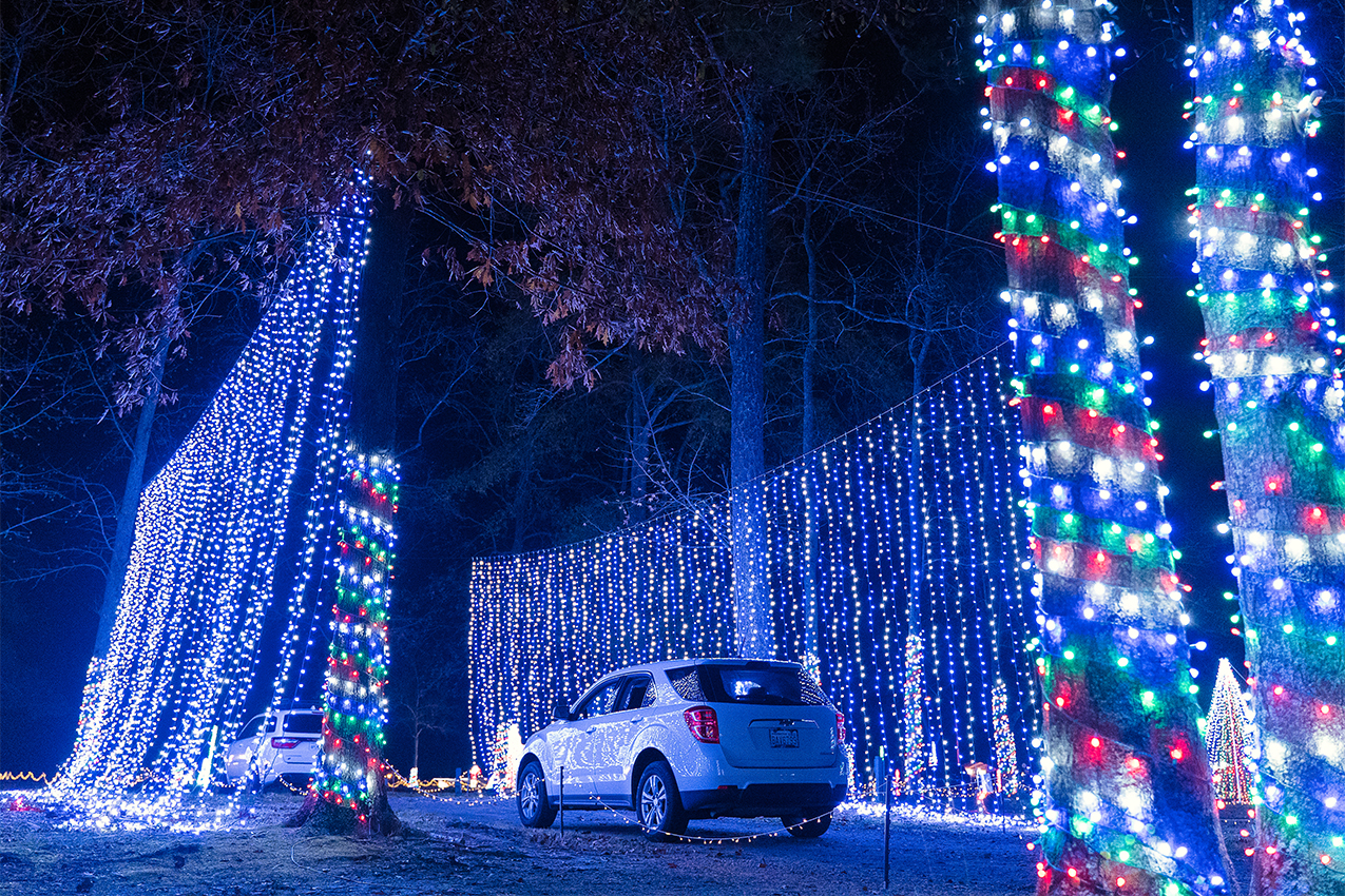 Tall wall of lights strung up between trees with a car driving through the display.