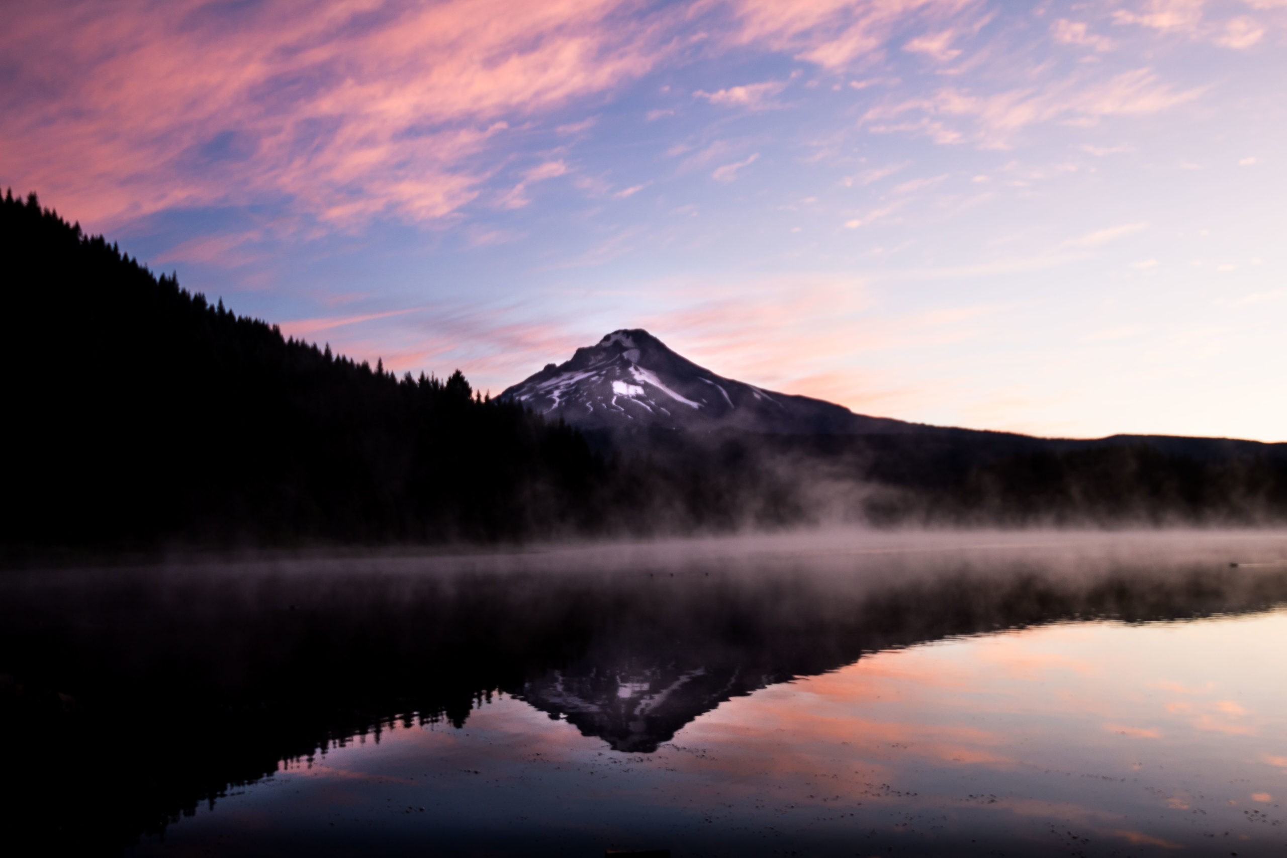 Mountain and lake at sunset.