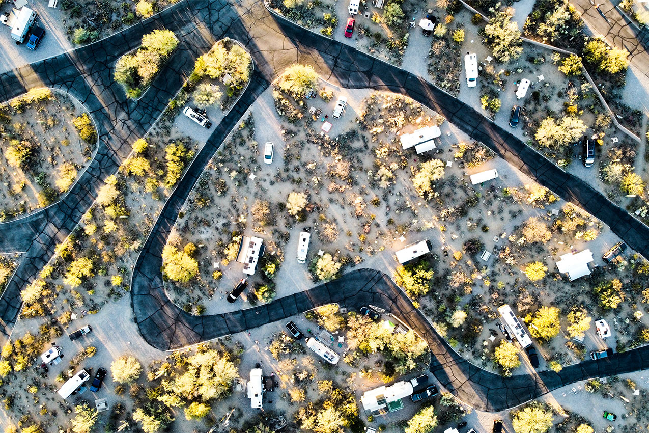 Aerial view of desert RV park.
