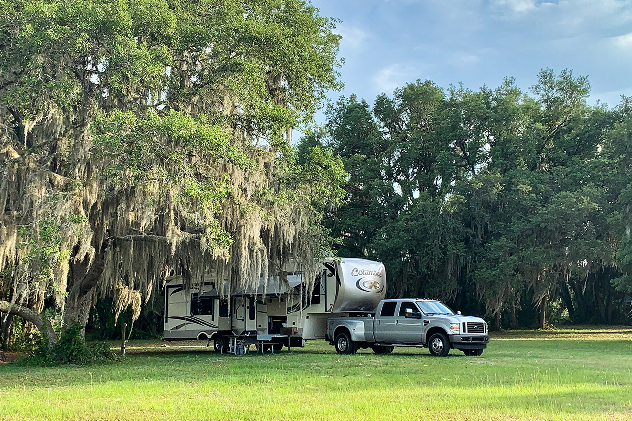 Truck and fifth wheel parked under a large tree in a green open field.