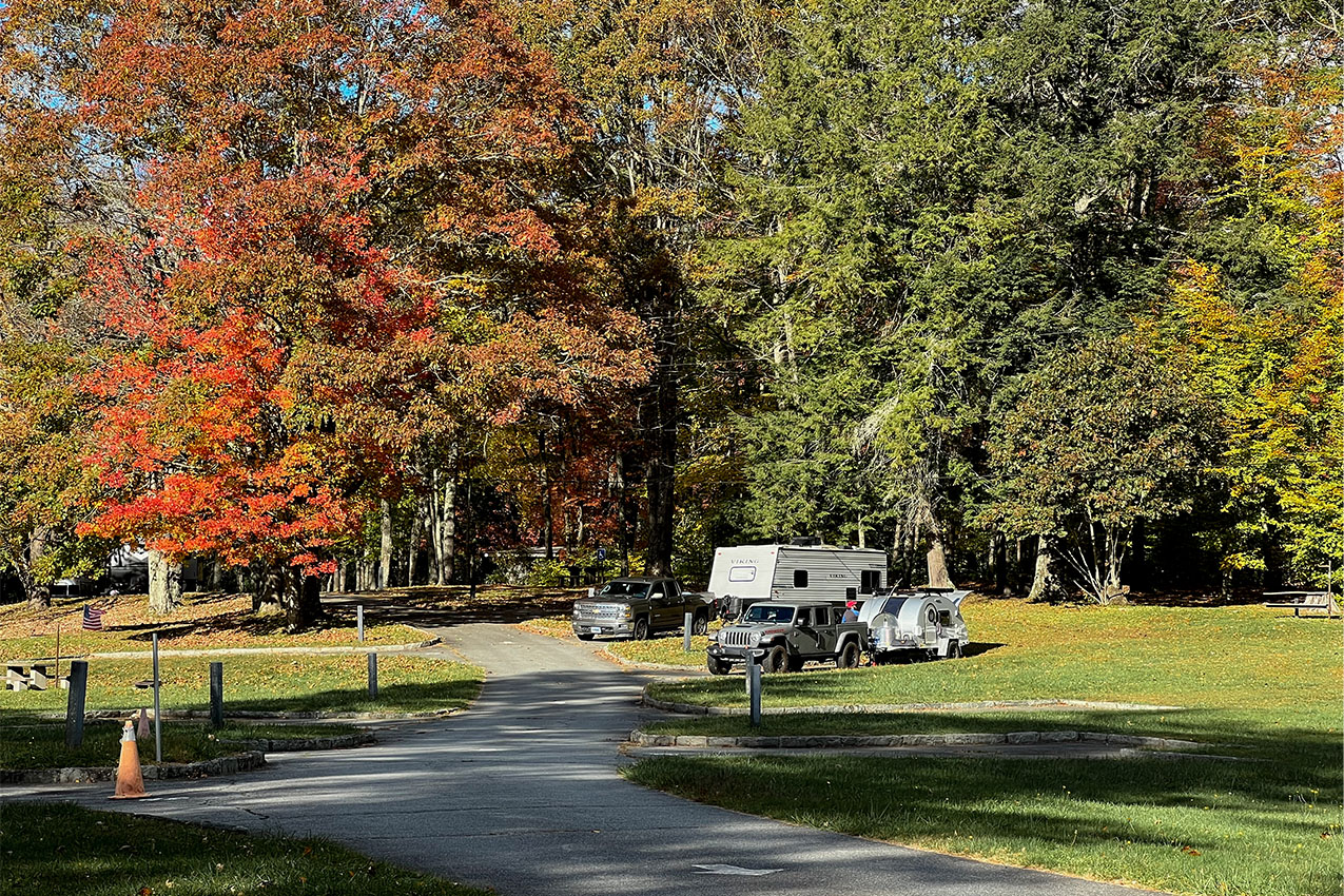 RVs in a campground surrounded by fall colored trees.
