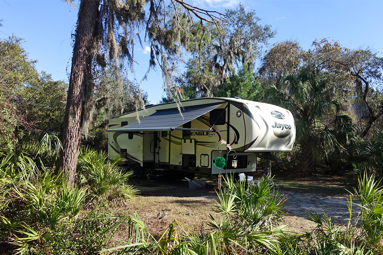 Fifth wheel parked under canopy of trees.