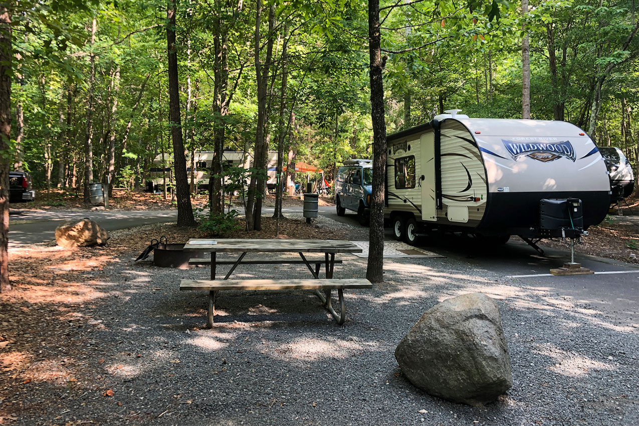 RV parked next to picnic table in the forest at county park.