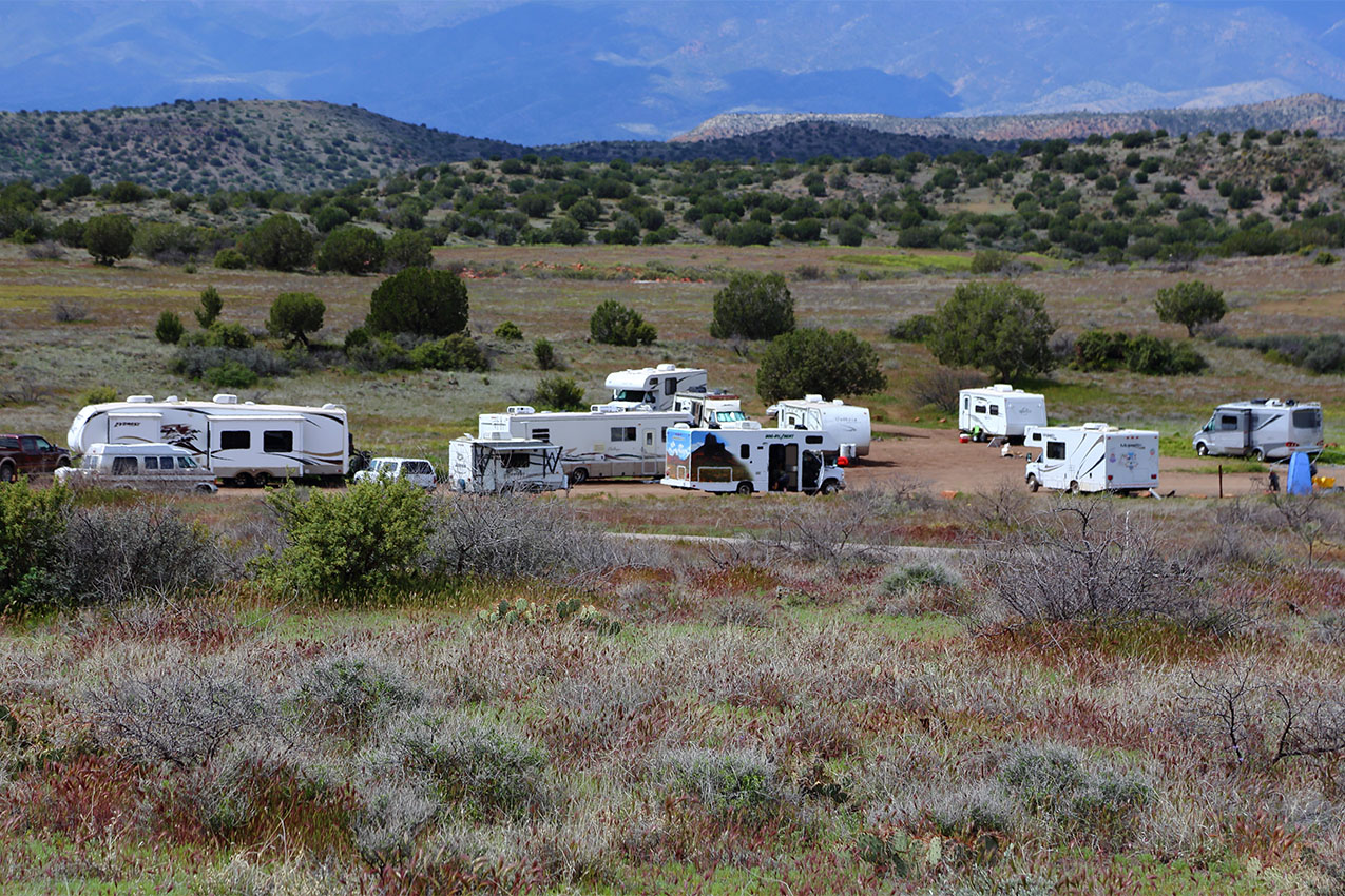 A group of RVs parked in the desert surrounded by shrubs.