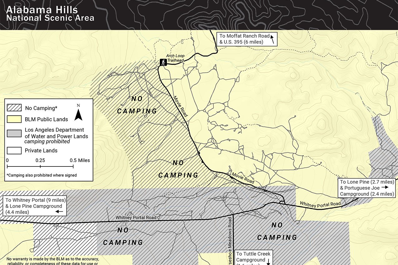 Map of Alabama Hills with shaded areas showing where camping is no longer allowed.