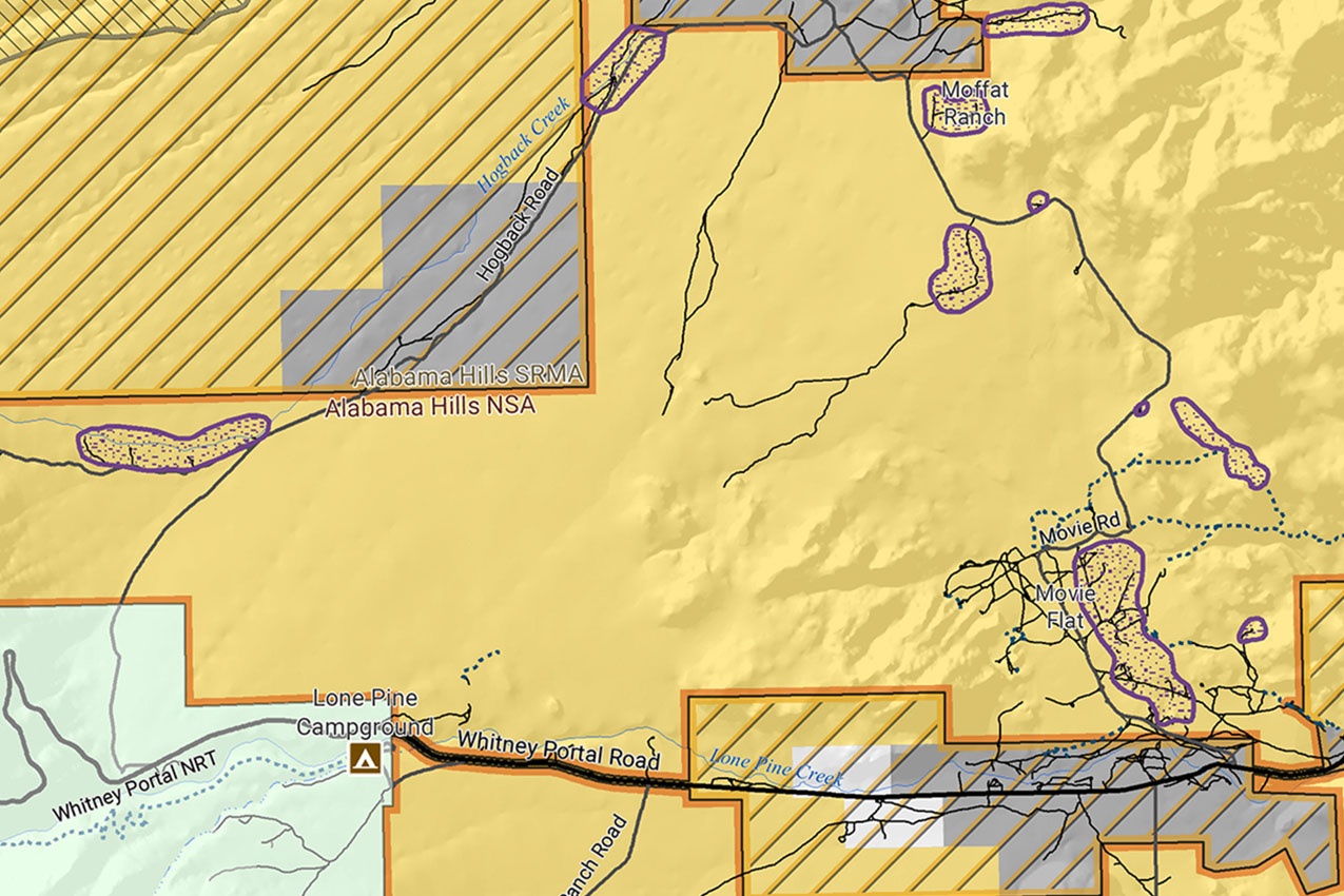 Map of Alabama Hills showing where dispersed camping will eventually be allowed.