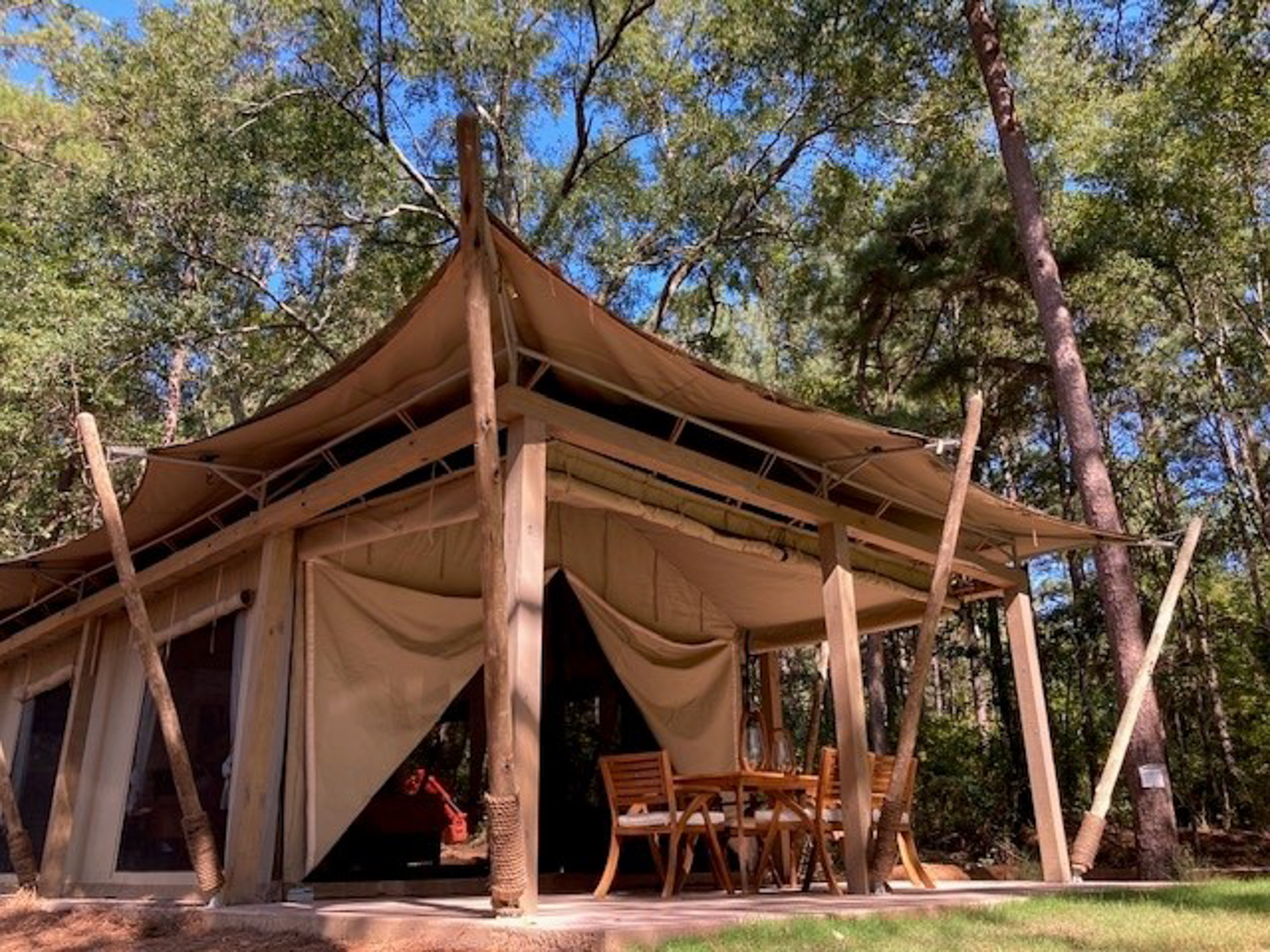 Safari style glamping tent in wooded area