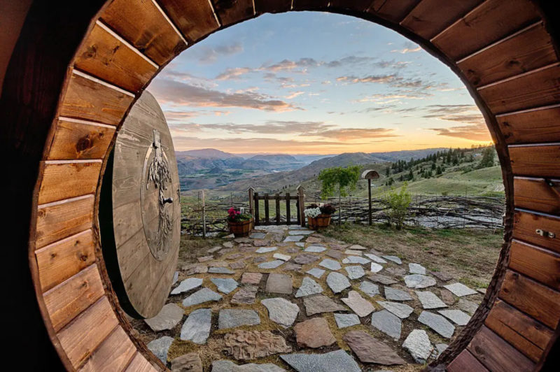 View of mountain range from circular door entry