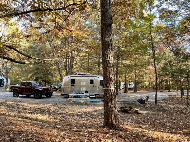 Trailer parked at campsite surrounded by fall leaves