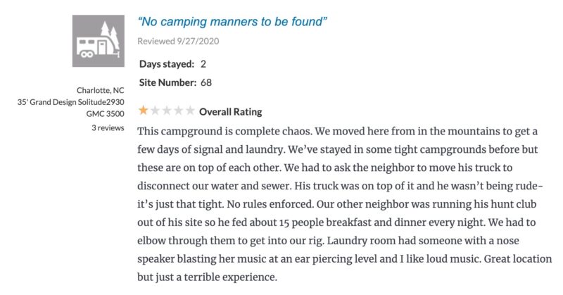 Text of a negative campground review posted by a user on Campendium