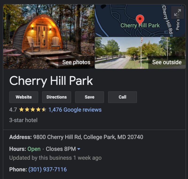 Google campground review of Cherry Hill Park