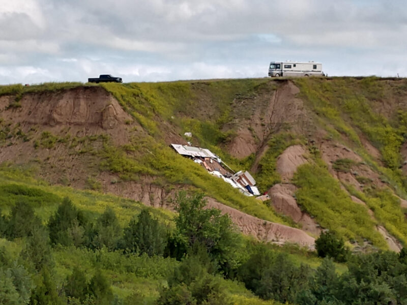 An RV blown off the side of a bluff at the Pinnacles in South Dakota