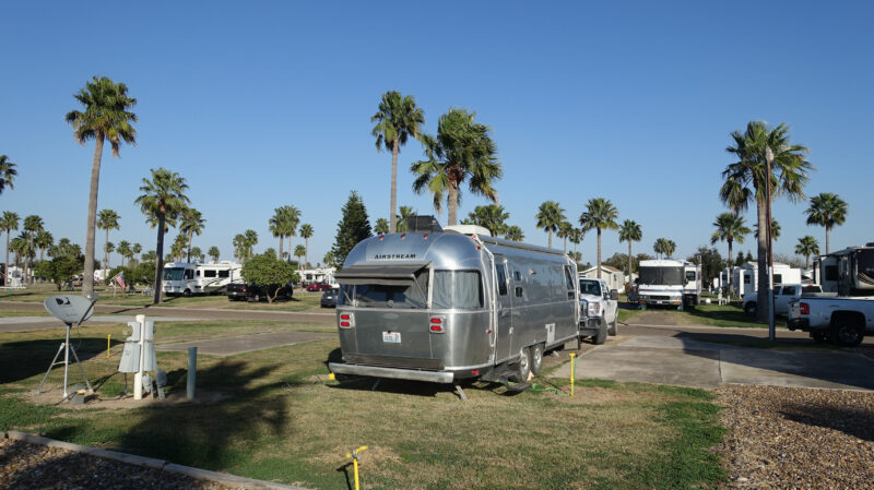 an airstream and other RVs are parked at a campground surrounded by palm trees