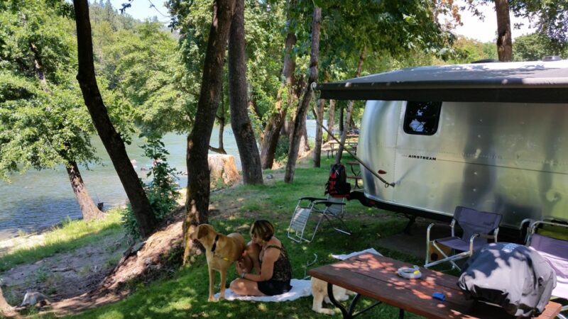 a person and a dog sit near an airstream set up at a campsite with a picnic table near the water