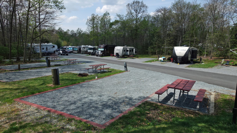 a campsite with several rvs parked