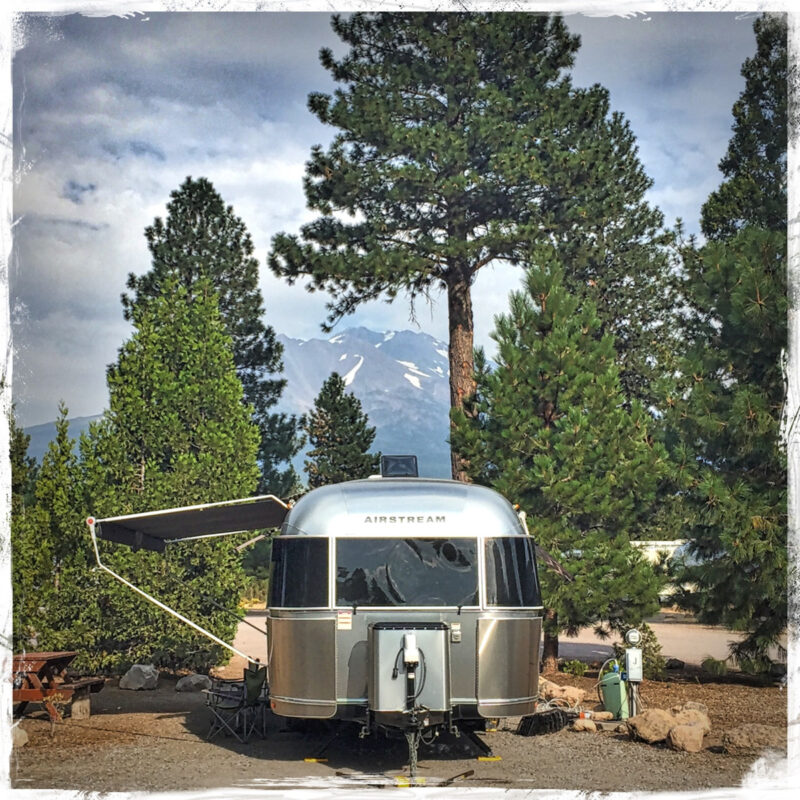 an airstream is parked at a campgound surrounded by pine trees with snowy mountains in the background
