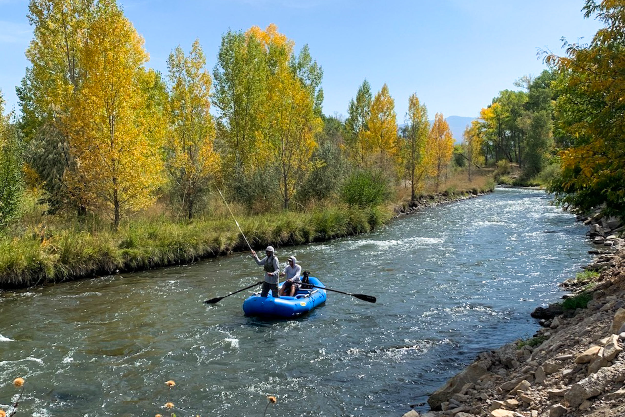 two people paddle in a raft in a river surrounded by greenery and yellow fall foliage