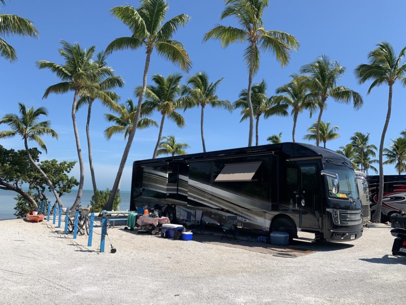 a large rv is parked at a campground surrounded by palm trees near the water