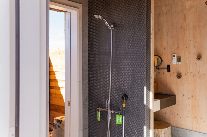 a close up on a black-tiled shower stall in a bathroom