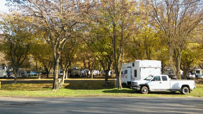 a white truck and trailer are parked at a campsite surrounded by trees with golden leaves