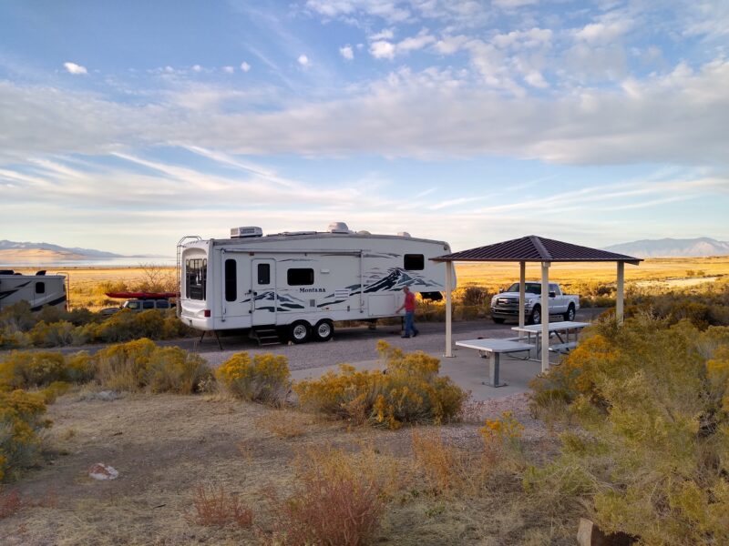 A fifth wheel RV stands alone in a campground covered in brush.