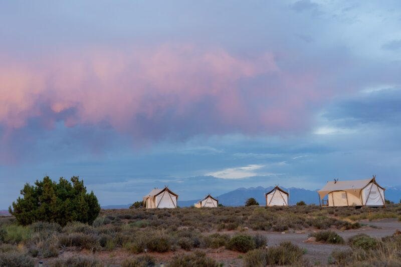 Glamping tents stand in a field as the sky glows in vibrant shades of purple and blue.